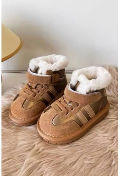 Дитячі завищені коричневі кросівки коричневі кеди на хутрі зимові 